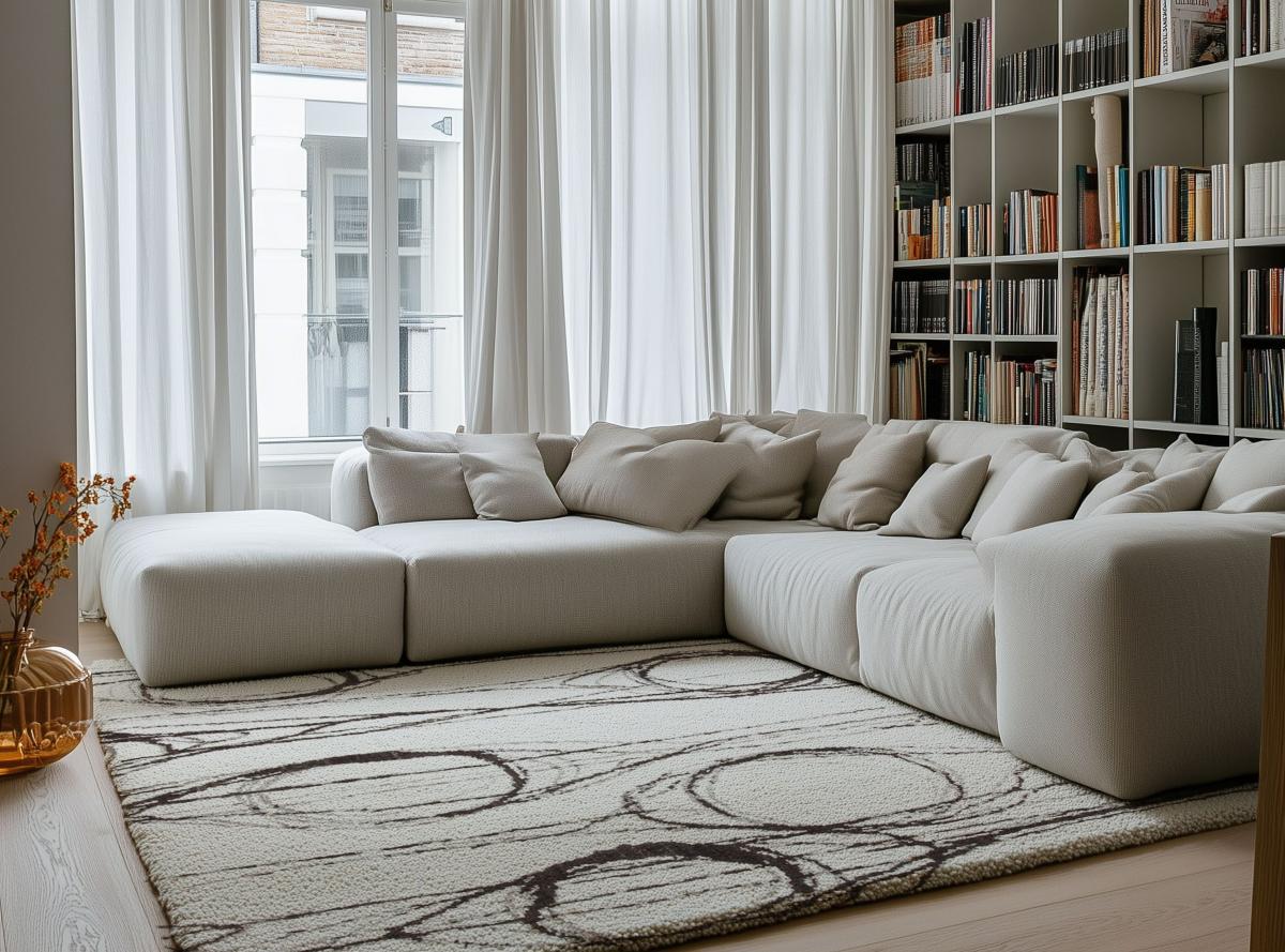 Alfombra berber clara con patrón de círculos en una sala de estar moderna.